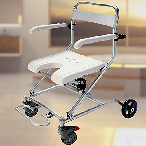 HPTHLY Klappbarer Duschstuhl, Badehocker mit Rädern für Senioren, Rollstuhl, Badezimmer-Badhocker mit hochklappbaren Armlehnen und ergonomischer Rü,