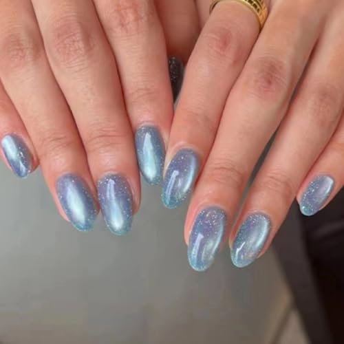 Ceboic 24 Pièces Faux Ongles Amande Moyen, Brillant Français Press on Nails Ballerina Ongles à Coller, Artificiels Capsules Ongles Naturel pour Femmes Filles Nail Art Décorations - Œil de Chat Bleu