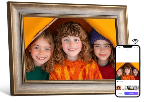 Digitaler Bilderrahmen WLAN Bilderrahmen Digital 10 Zoll, Smart Elektronischer Bilderrahmen, 16GB Speicher, 1280x800 IPS Touchscreen, Einfache Einrichtung zum Teilen von Fotos & Videos, Holz, Geschenk