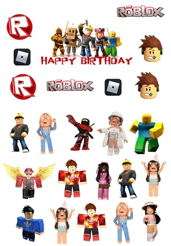 24 PRECUT To Shape Game Cake Toppers Cake Decorations, 1 Large Happy Birthday Edible Topper 23 Small Edible Toppers for Game Cupcake Cake Toppers Happy Birthday Cake Decorations Kids