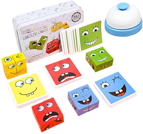 WUSJCOF Holz-Ausdruck Spielzeug Würfelpuzzle,Interaktives Knobelspiele Holzwürfel Spiel Puzzle Bauwürfel,Holzspiel Gesellschaftsspiel & Knobelspiel für Kinder als Familienspiel mit Klingel