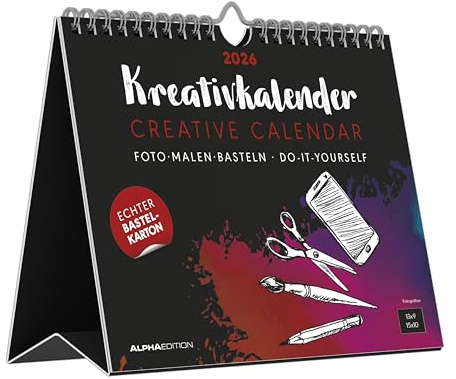 Alpha Edition - Kreativ-Kalender Tischaufsteller Quer Schwarz 2026 – Bastelkalender 20×16 cm mit weißer Schrift, zum Aufstellen & Aufhängen, ideal für Fotos, Zeichnungen & DIY-Geschenke