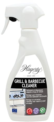 Hagerty Grill & Barbecue Reiniger I BBQ Grillreiniger und Fettlöser I Schnelle Entfernung von verbrannten Rückständen auf Stahl Edelstahl Gusseisen und Emaille Oberflächen I Biologisch abbaubar 500ml