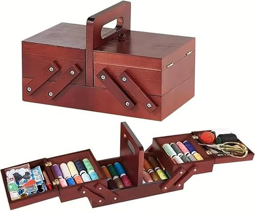 Erweiterbarer Nähkasten aus Holz, Aufbewahrungsbox für Nähsets mit Griff, erweiterbarer Nähkasten, Nähkorb aus Holz für Sticksets, Quiltzubehör, Kreuzstichsets