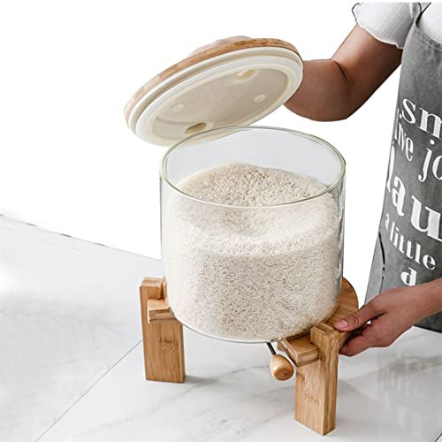 Distributeur de riz avec support en bois – Distributeur de nourriture sèche de 5/7,5 L avec couvercle scellé, pour garder le riz et les céréales au sec dans la cuisine