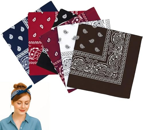 Huybaa 6 Colores Bandanas Bufandas Mujeres Hombres, bandana mujer， pañuelo cabeza， Estilo Retro Multicolor Multifunción Decoración de algodón para las mujeres,bandana roja