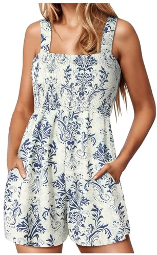 Playsuits for Women Jumpsuits with Pockets Ladies Dungarees Romper, Summer Outfits Short Jumpsuit Women's Floral Sleeveless Shorts Jumpsuit Crewneck Loose (Sky Blue-2, XL)