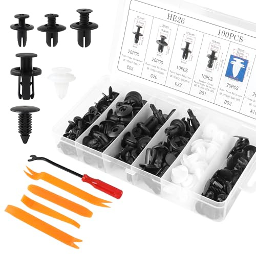 TECDW 100PCS Auto Grapas Coche,Grapas Para Coche Con Herramienta De ExtraccióN Y Llave Inglesa,Reemplazo Universal Remaches De Plastico Para Parachoques,Molduras De Puertas,Sujetadores De Guardabarros