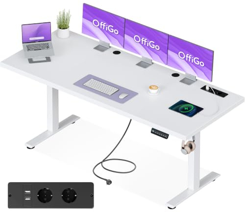 OffiGo Höhenverstellbarer Schreibtisch mit Steckdose 180x70cm, 35MM, Weiß | Elektrischer Schreibtisch mit stabilen T-Beinen, Standing Desk Perfekte Ergonomie für Büro, Gaming