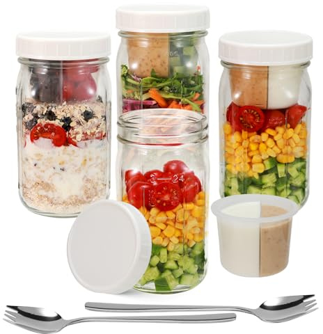 4 Pack Glass Salad Mason Jars with Lids Meal Prep- Mason Jars 32 oz Salad Container for Lunch With Fork-Leak-proof & Separate Compartments for Dressing and Dry Ingredients- 32 oz mason jars wide mouth
