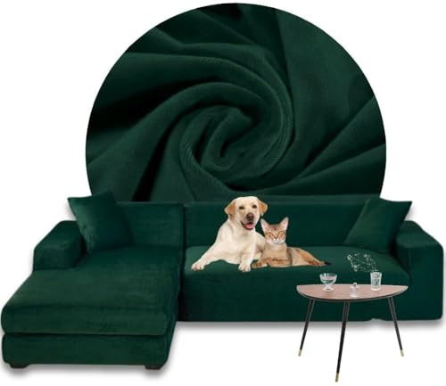 Domidekor Sofa Überzug L-Form – Elastischer Samt Couchbezug, Weich und Wasserdicht – Couch Überzug fur 2/3 Sitzer, Universal Sofaüberwurfe mit Anti-Rutsch-Schaumstoffe, Dunkelgrün, Links