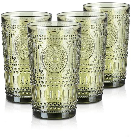 Joeyan 400ml Vasos de Cristal agua Colores, Juego de 4 Verde Vasos Altos de Vidrio con Relieve Girasol Floral, Vintage Cristalería para Refrescos,Café,Té,Cerveza,Leche,Cócteles, Apto Lavavajillas