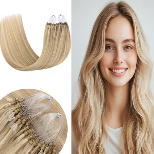 Senmy Micro Beads Hair Extensions Real Human Hair 1g/strand 50g Ash Blonde Highlight Bleach Blonde Micro Loop Hair Extensions human Hair 20inch Microloop Extensions Human Hair For Women