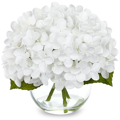 Briful Flores artificiales de hortensias en jarrón, flores falsas de hortensias de tacto real de 7 pulgadas en jarrón de cristal con agua sintética, arreglo de flores artificiales blancas para centros