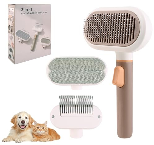 Razobws Cepillo Auto-Limpiante 3-en-1 Perro Gato Elimina Subpelo Desenreda Seguro y Suave para la Piel de Las Mascotas, Fácil Eliminación de Pelo, Herramienta de aseo Multifuncional