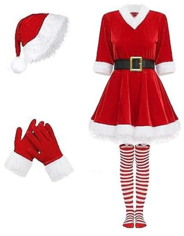 Generisch Weihnachtsfrau Kostüm Damen, Weihnachtskostüm Sexy Damen, Weihnachtsrock Mit Weihnachtsmütze Gürtel Handschuhen Und Strümpfen, Weihnachten Outfit Christmas Set, Weihnachten Kleid Frauen,