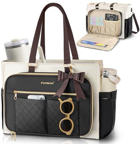 Teacher Tote Bag for Women - Multi-Pocket Laptop & Nurse Work Bag with Cup Holder, Structured Business Briefcase Computer Purse（Brown）