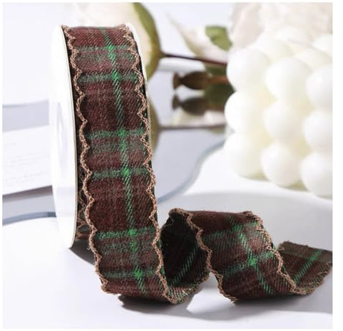 Waltonalice 10 Yards Geschenkband kariert Schleifenband Weihnachten Deko geschenkbänder Stoff weihnachtsband Weihnachtsbänder für Geschenkverpackungen Breite 2,5 cm Grün-Braun