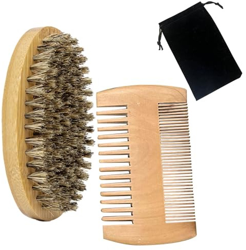 Boar Bristle Beard Brush & Comb Set for Men, Wooden Handle Beard Grooming Kit, Facial Hair Detangler