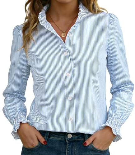 Funlingo Button Down Shirts for Women Striped Long Sleeve Smocked Cuffed Blouses Casual Oversized Ruffle Collared Tops Spring Work Clothes Blue White XS