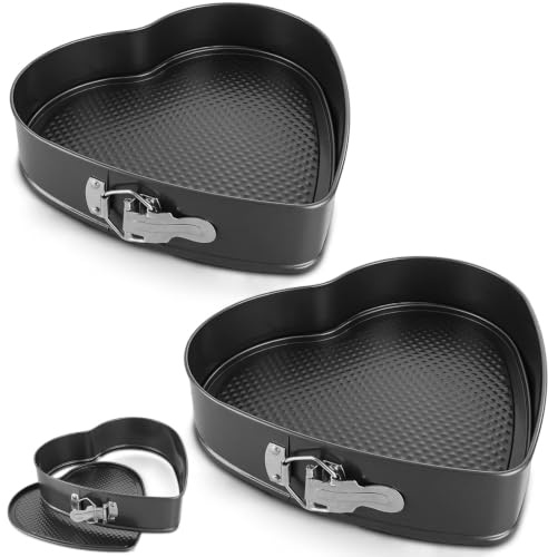 LOLYSIC 2Pcs Heart Shaped Cake Tins, 26cm Springform Cake Tin | Carbon Steel, Non Stick, Snap Lock, Removable Base, Easy to Demould, 10inch Cake Pan, for Cheesecake, Chiffon & Quiche