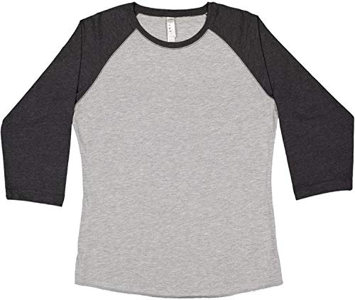 LAT Women Fine Jersey Raglan 3/4 Sleeve Baseball Tee (3530) Vintage Heather/Vintage Smoke, M