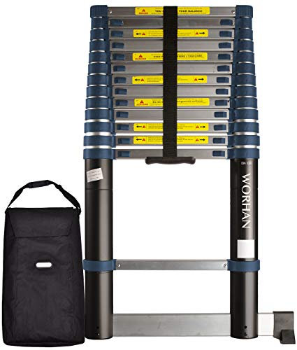WORHAN Scala Telescopica 4.1m PRO con STABILIZZATORI ESTENSIBILE Solida Anodizzata Alluminio Funzione Distanziale da Parete Integrata 1K4.1+bag