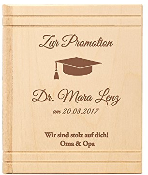 Spardose Buch aus Holz mit Gravur zur Promotion, Personalisiert mit Namen und Datum, Motiv Hut, Sparbüchse aus Birkenholz als Geschenk zum Doktortitel, Sparschwein als Abschlussgeschenk