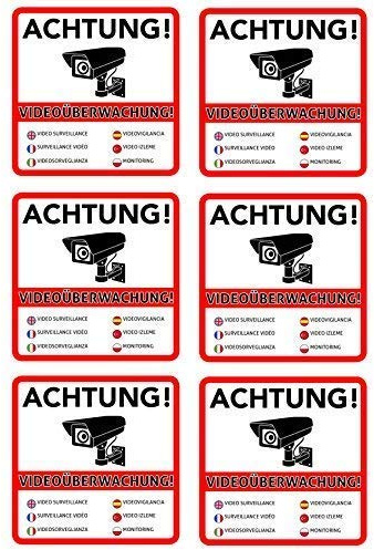6 Achtung Videoüberwachung Premium Aufkleber – Schild – Sticker |Hinweisschild – Warnschild für mit Kamera videoüberwachtes Objekt – Haus – Gelände| Kratz- wetterfest|10 x 10 cm