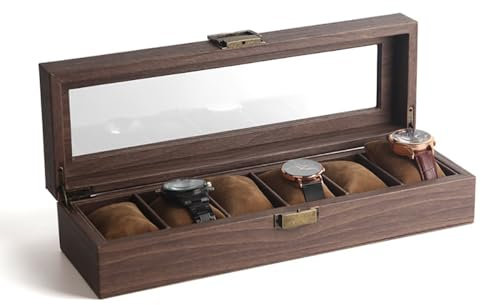 Lonian Bois massif montre Box, boîtier de montre pour homme 5 emplacements de rangement en bois Organiseur de boîtier de montre avec écran en verre Dessus exquis et durable