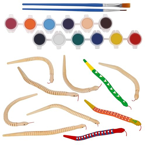 BELLE VOUS Natur Holztiere zum Bemalen Schlange Spielzeug (10Stk) - Blanko Schlangen Gelenkige Holzfiguren zum Bemalen mit Farbe & Pinsel - Bastelset Holz Tiere Halloween/Geburtstag, Basteln, Kinder
