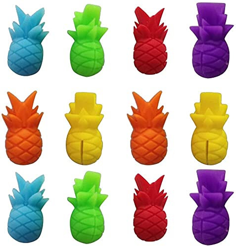 LATRAT Mexicano Lot de 12 marqueurs de verre en silicone en forme d'ananas pour verres à vin et verres à vin 6 couleurs, Argent