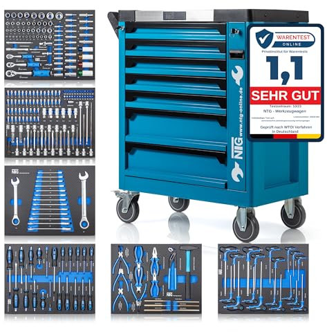 NTG Werkzeugwagen + Werkzeug + 7 Schubladen | 252 Teilig | Abschließbar | Davon 6 mit Werkzeug | Mit Soft Inlays in Carbonoptik | befüllte Schubladen | Werkstattwagen Werkzeugkasten Werkzeugkiste