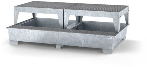 Auffangwanne classic-line aus Stahl m. Abfüllbereich für 2 IBC, verzinkt, 2 Abfüllböcke