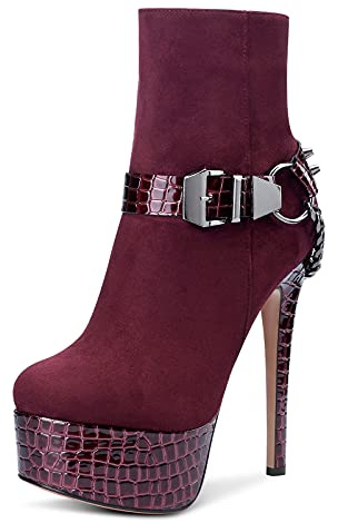 Castamere Donna Stivali alla Caviglia Cerniera Boots Plateau Tacco a Spillo 15CM High Heels Rosso Borgogna Scarpe EU38