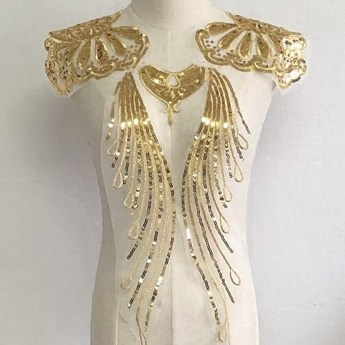 Yulakes Gold Stickerei Spitze Applikation Patch Gold Pailletten Spitze Ausschnitt Kragen Hochzeit edles Kleid Nähen DIY Brautkleid Dekoration Kleidung Zubehör (Style 5)