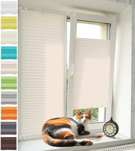 Vkele Plissee ohne Bohren Klemmfix – Faltrollo Jalousie Beige 40x80cm(BxH), Lichtdurchlässig & Blickdicht, Sonnenschutz & Sichtschutz, Easyfix Rollo für Fenster & Tür