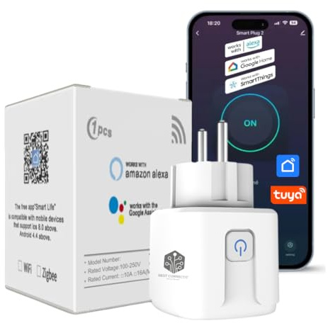 Presa collegata 20 A – Smart Plug Collegato Wifi – Controllo e misurazione del consumo energetico – Accessorio per la casa compatibile con Google Home e Alexa – Presa programmabile Tuya 20A – Bianco