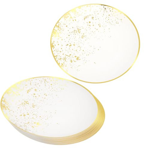 euro disposables Paquete de 10 platos de plástico blancos y dorados de 9 pulgadas, platos de fiesta de 23 cm, diseño de lunares dorados, ideal para bodas, fiestas, picnics y eventos (9 pulgadas)