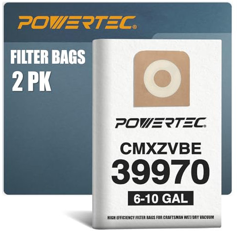 POWERTEC 75072 - Paquete de 2 unidades, para aspiradoras Craftsman de 6 a 9 galones, repuesto para bolsas de recogida de polvo para aspiradora húmeda/seca #CMXZVBE39970
