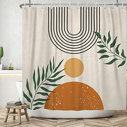 ASDCXZ Tenda da doccia Boho 120x180 cm, moderna arte astratta con foglie verdi, sole arancione, linea beige, tenda da bagno lavabile in poliestere, impermeabile per vasca da bagno con 8 ganci