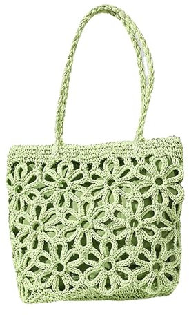 Qurlon Boho Chic Sac en Paille Tissé avec Fleur Creux Sac à Bandoulière Femme pour Vacances Plage Escapade Eté, vert