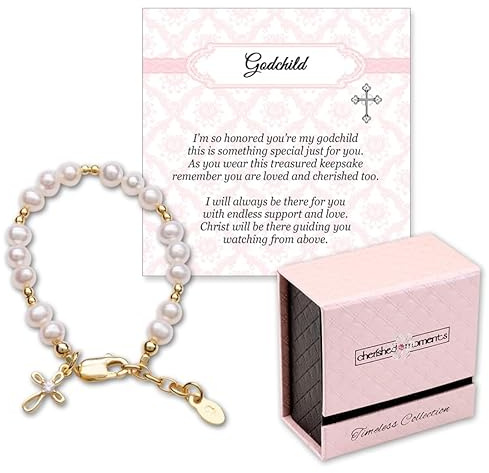 Cherished Moments 14K Gold-Plated Cross Bracelet, Godchild Baptism Gift for Baby Girls with Poem and Gift Box (MED)