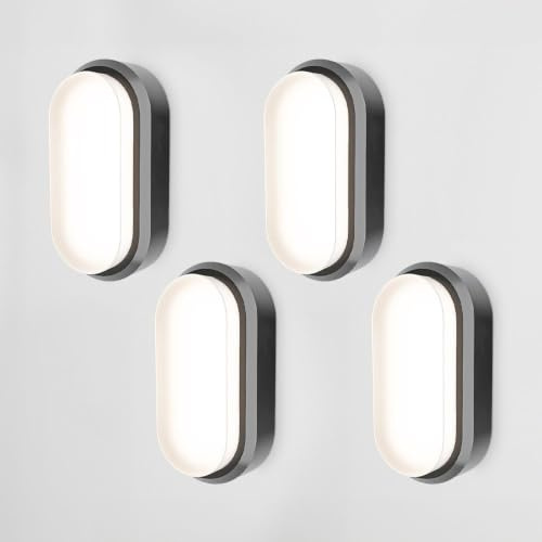 HOFTRONIC 4er Set - C-Series LED Kellerlampe Schwarz - 18W 1830lm Wandleuchte Oval - IP54 LED Feuchtraumleuchte - 4000K Neutralweiß - Wandlampe Deckenlampe für Treppe Flur Keller WC Garage