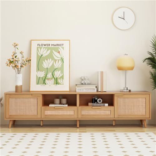 TV-Schrank mit echtem Rattan-Design und Beinen aus massivem Holz. TV-Schrank aus geflochtenem Rattan. Einfach zu montieren. Natürlicher Look(200 x 37 x 49 cm). Erhältlich in Zwei Farben. (Natural)