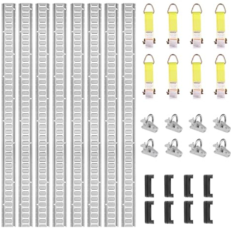 VEVOR Kit de Rails d'arrimage E-Track, 24PCS 1524 mm, avec 8 Rails Acier, 8 Joints toriques, 8 Attaches avec Anneau D, Accessoires de Fixation Polyvalents pour Motos, Cargo, vélos, Charge de 907 kg