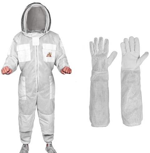 Premium Quality Ventilated Bee Suit for Men and Women with Round Veil, Ultra Protective Layers Beekeeping Suit, White Fabric Mesh Bee Keepers Suit. (White, X-Large)