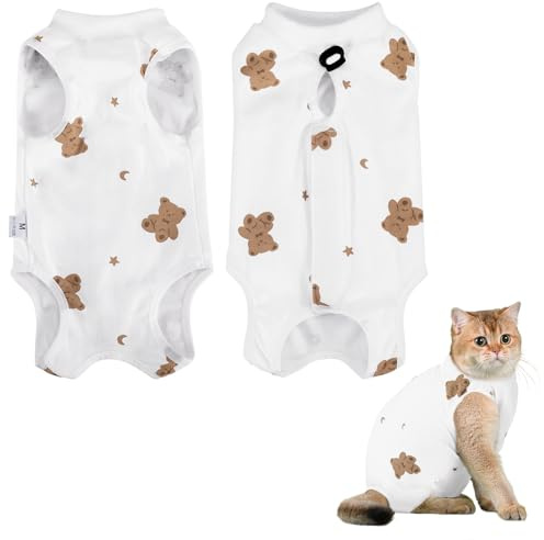 Invalidism Cat Surgery Recovery Suit Cats Post Surgical Recovery Suit Kitten Onesie Bodysuit Anti-licking Cats Vest Wound Protector Clothes,Elizabethan Collar&Cone Alternative(M/Bear Print)
