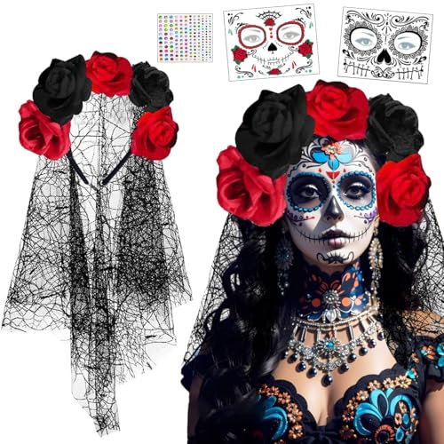 Halloween Tag der Toten Haarreif Schleier, Schwarz Rot Halloween Mujer, Schleier Halloween mit 2 Gesichtstattoos,1 Kristallaufkleber, Damen Schleier Rosen für Halloween,Karneval, Kostüm-Cosplay-Party