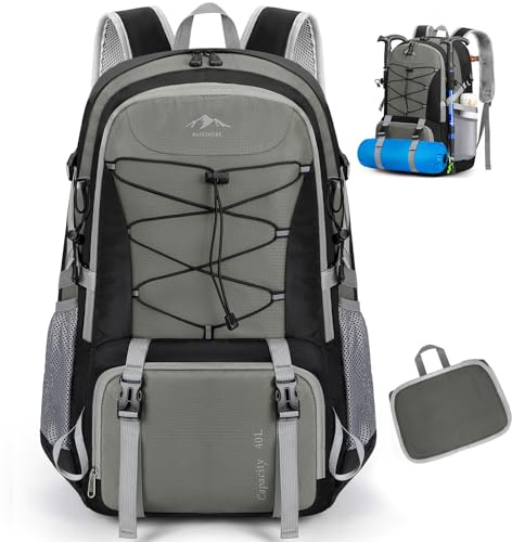 RAINSMORE Wanderrucksack Herren Damen 40L Wasserdichter Rucksack Leichter Reiserucksack Faltbarer Fahrradrucksack Tagesrucksäcke mit ReflexstreifenTrekkingrucksack Grau